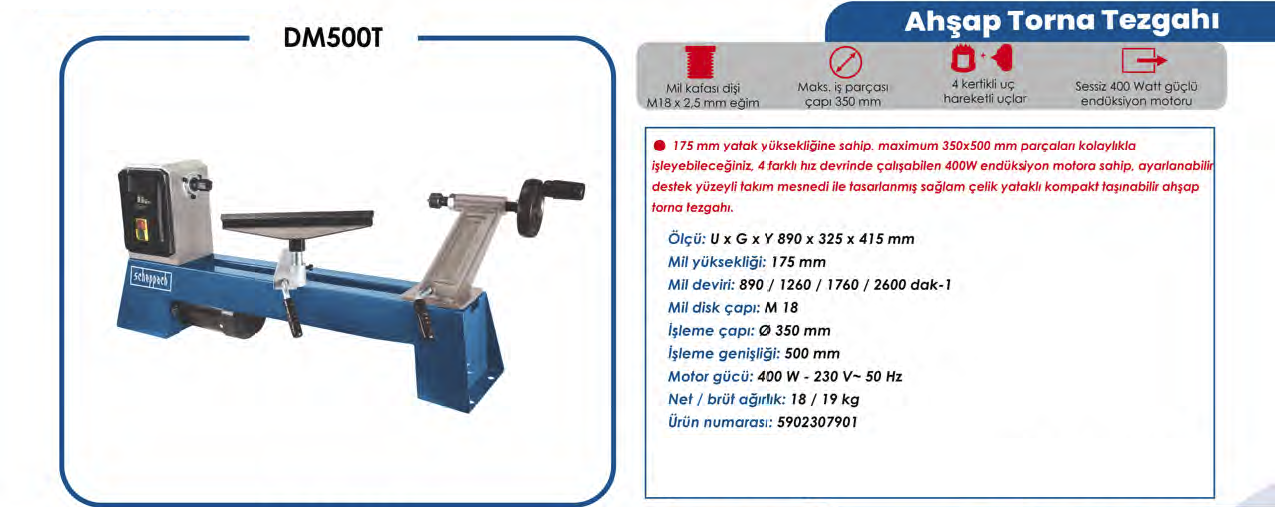 SCHEPPACH DM 500T Devir Ayarlı Ahşap Torna Makinası 400 Watt