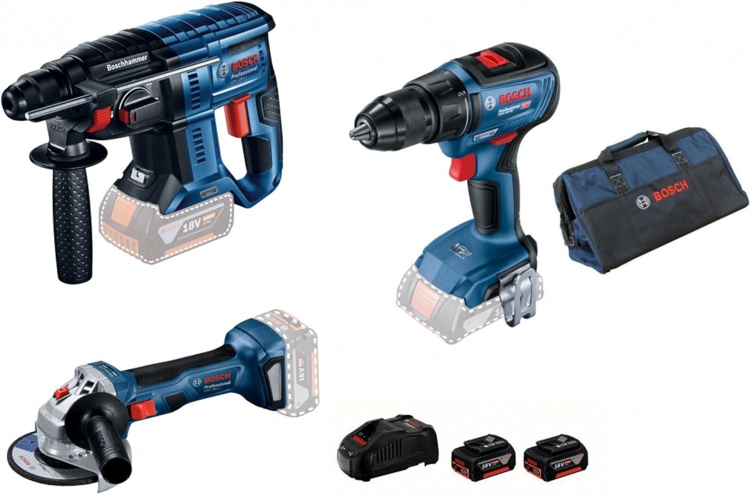 Bosch Professional GBH 180-LI Akülü SDS Plus Kırıcı Delici ve GSR 18V-50 Akülü Delme Vidalama Makinesi GWS 180-LI Akülü Taşlama Makinesi (2x5.0Ah; carton)