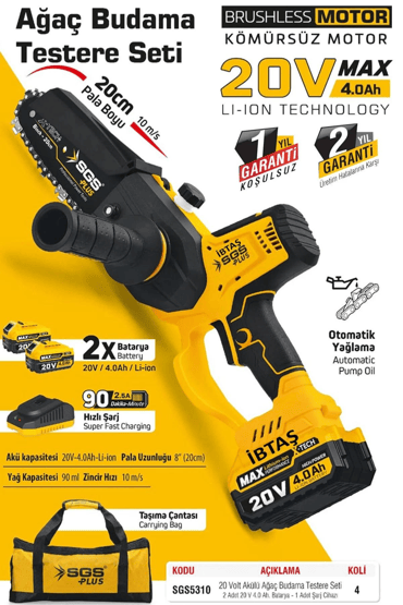 Sgs 5310 Zincirli Kömürsüz Ağaç Budama Testeresi 200MM 20V 2X4AH Akülü