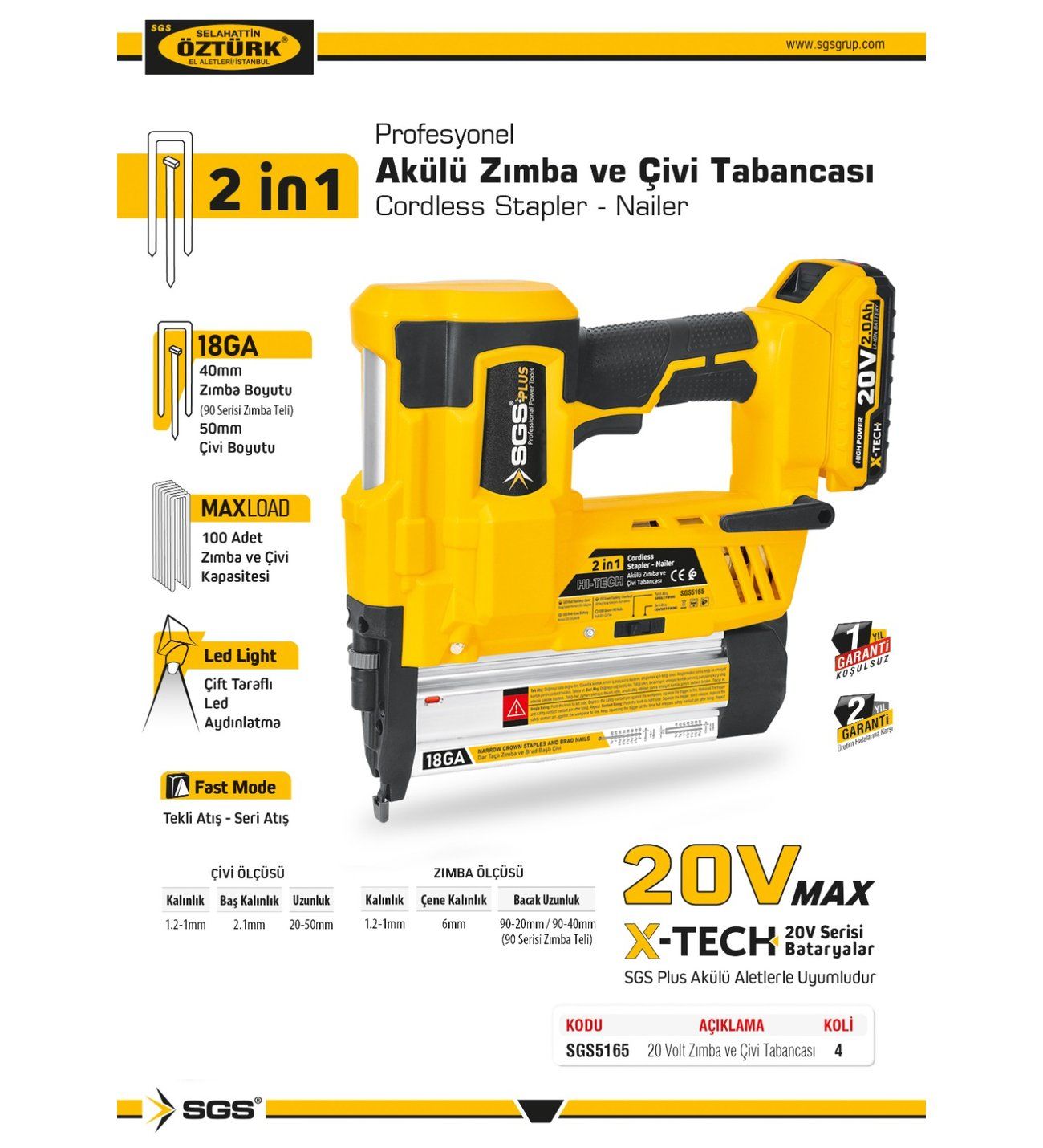 SGS5165 AKÜLÜ ZIMBA VE ÇİVİ TABANCASI SETİ 20V 1*4.0 Ah