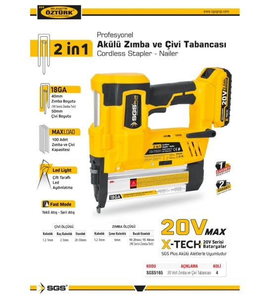 SGS5165 AKÜLÜ ZIMBA VE ÇİVİ TABANCASI SETİ 20V 1*4.0 Ah