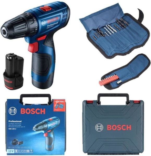 Bosch Professional GSR 120-LI Akülü Matkap + 23 parça vidalama seti (2 x 2.0 Ah; Case)