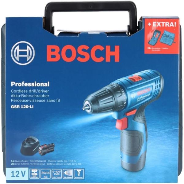 Bosch Professional GSR 120-LI Akülü Matkap + 23 parça vidalama seti (2 x 2.0 Ah; Case)