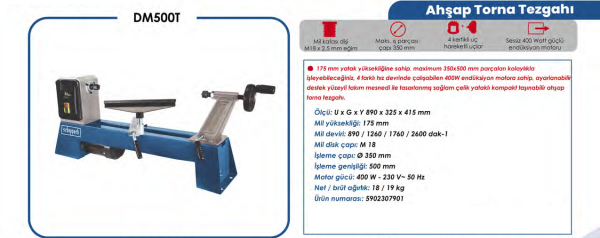 SCHEPPACH DM 500T Devir Ayarlı Ahşap Torna Makinası 400 Watt