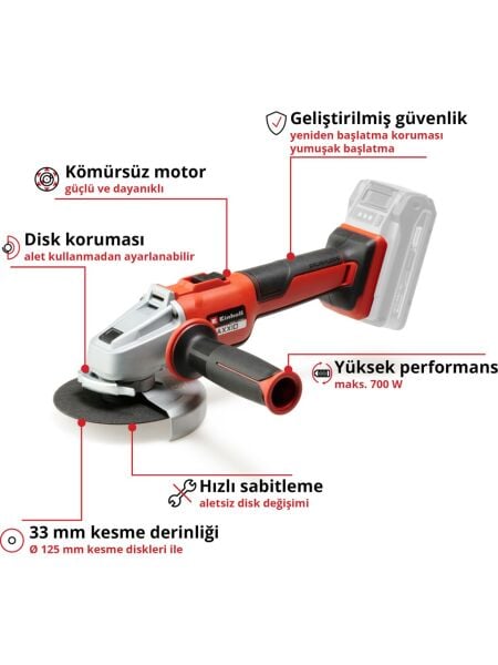 Einhell Professional Akülü Avuç Taşlama AXXIO 18/125 Q Li-Solo Power X-Change (18 V, 700 W, 125 mm disk Ø, 33 mm