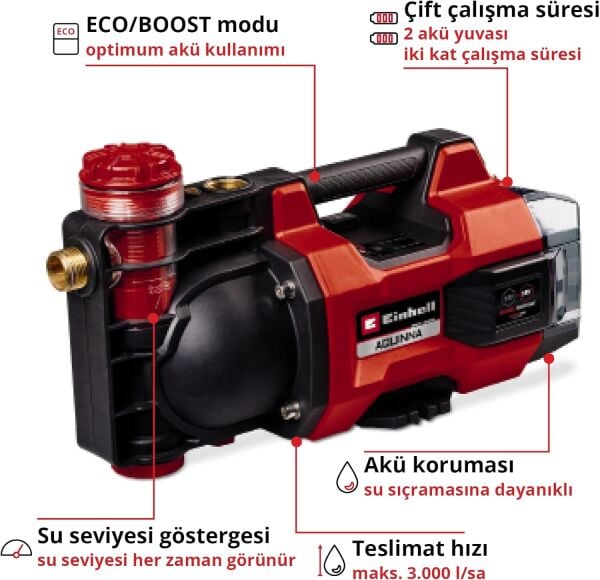 Einhell Akülü Bahçe Pompası AQUINNA 18/30 F LED Power X-Change (18 V, Maks. 3000 L/h Su Aktarımı, 2 Akü Yuvası, Çift Çalışma Süresi, ECO/BOOST Modu, Ön Filtre) - 4180430