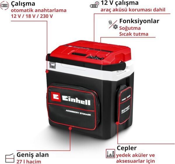 Einhell Akülü Oto Buzluk TE-COL 18/27 Li-Solo Power X-Change (18 V, 27 litre, soğutma ve sıcak tutma, araç için hibrit 12 V, 230 V güç bağlantısı)