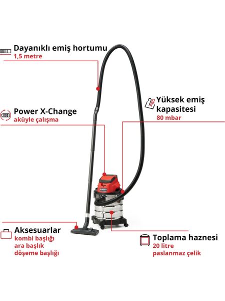 Einhell Akülü Islak/Kuru Süpürge TC-VC 18/20 Li S-Solo Power X-Change (18V, 20 L paslanmaz çelik hazne, üfleme bağlantısı, başlıklar