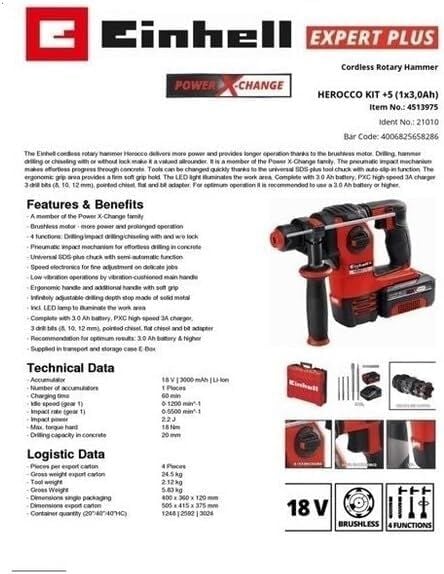 Einhell Herocco Kit 5 (1X3,0Ah), Akülü Kırıcı Delici-4513975