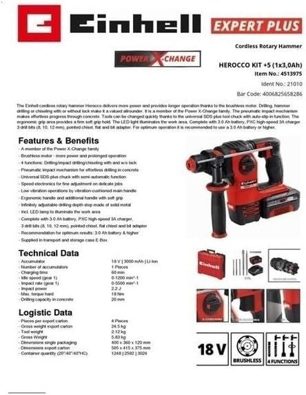 Einhell Herocco Kit 5 (1X3,0Ah), Akülü Kırıcı Delici-4513975