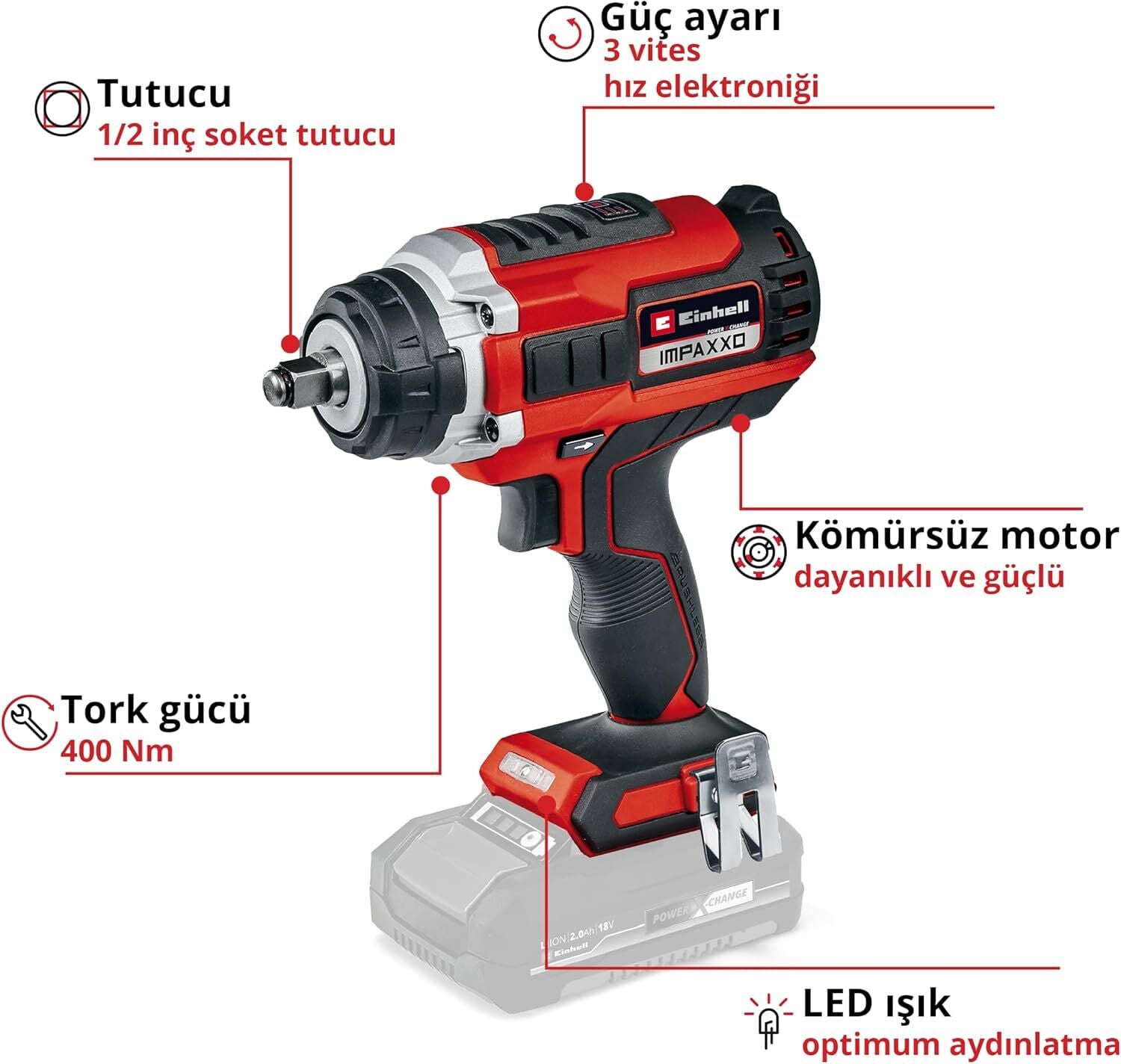 Einhell Professional Akülü Darbeli Somun Sıkma IMPAXXO 18/450 Power X-Change (Li-Ion, 18 V, 400 Nm, 3 Vitesli Şanzıman, Kömürsüz Motor, Akü ve Şarj Cihazı Dahil Değildir) - 4510070