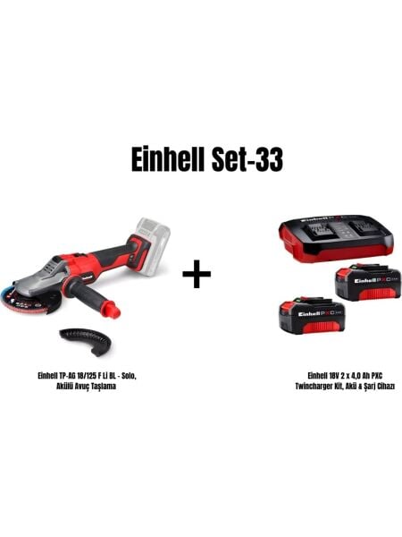 Einhell Set-33 (Einhell Tp-Ag 18/125 F Li Bl - Solo, Akülü Avuç Taşlama+Einhell 18V 2 x 4,0 Ah Pxc Twincharger Kit, Akü & Şarj