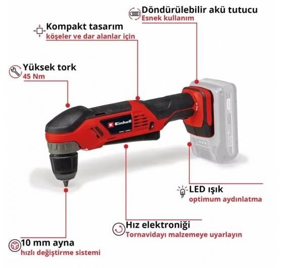 Einhell TE-AD 18 Li Akülü Dik Açılı Vidalama 2.5Ah Çift Akülü