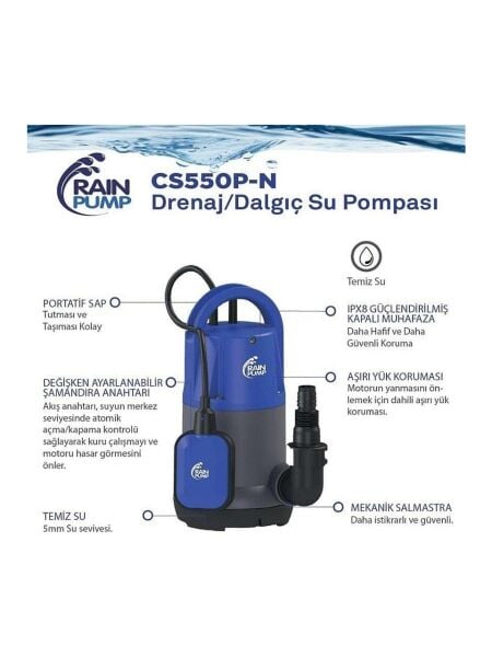 Rain Pump CS550P-N Plastik Gövdeli Temiz Su Drenaj Pompası 550 W