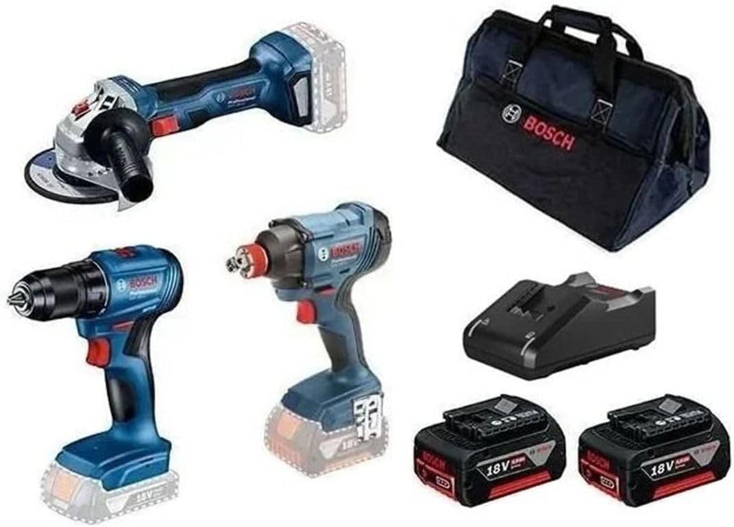 BOSCH GSR 185 + GDX 180 + GWS 180 3'lü Akülü Makine Seti 2 x 4.0 Amper Çift Akülü