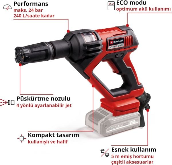 Einhell Hypresso 18/24-1, Akülü Yüksek Basınçlı Yıkama Tabancası (Akü ve Şarj Cihazı Dahil Değildir)