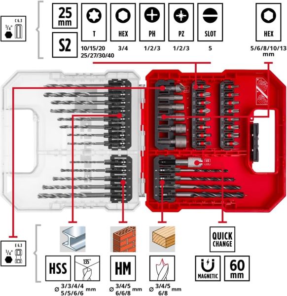 Orijinal Einhell L-CASE 40 parçalı uç ve matkap seti (25 mm uçlar, hızlı değiştirilebilir uç tutucu, lokma anahtar, havşa, metal, beton ve ahşap matkap uçları, saklama kutusu dahil) - 49109053